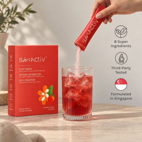 SlimActiv strawberry sachet being poured into a glass beside the SlimActiv box